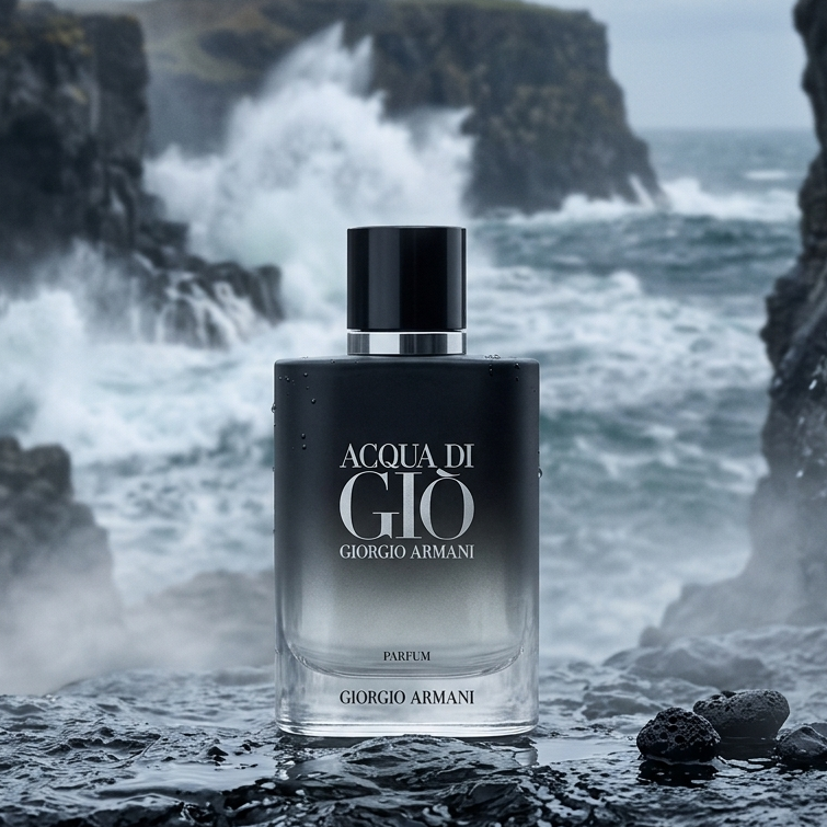 A bottle of Giorgio Armani Acqua Di Gio Parfum stands on dark wet rocks with a dramatic ocean scene of crashing waves and cliffs in the background.