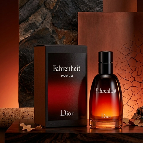 Dior Fahrenheit Parfum bottle and matching box displayed on a dark wooden surface against a moody, warm-toned textured backdrop. The bottle and box are black with a deep red-to-orange gradient label, and the bottle has 'Fahrenheit' and 'Dior' branding visible.