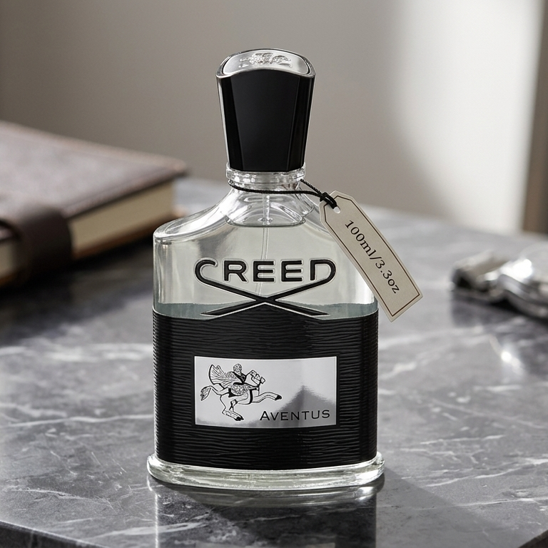 A bottle of Creed Aventus perfume stands on a dark marble surface, with a leather notebook and a silver watch blurred in the background.