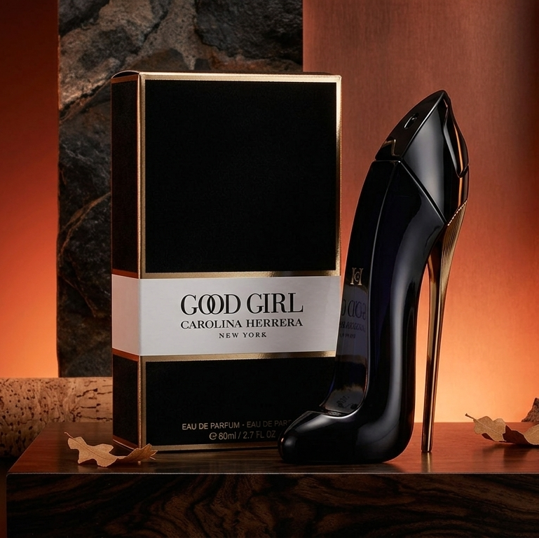 Carolina Herrera Good Girl Eau de Parfum bottle and its black box with gold trim, styled on a dark wooden surface with warm orange lighting and textured stone props.