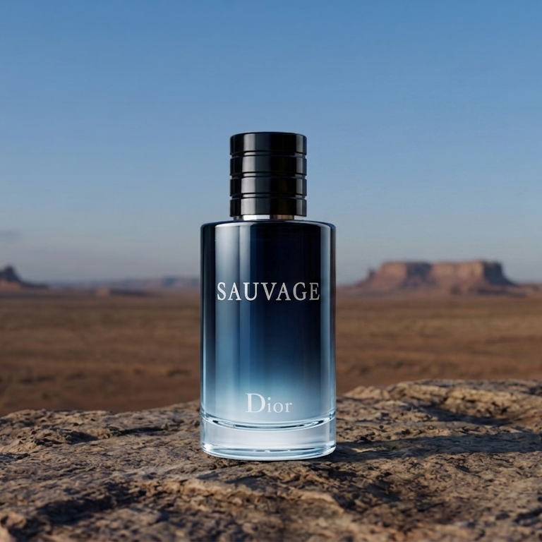 Dior Sauvage Eau de Toilette bottle standing on a rock in a desert landscape with butte formations under a blue sky.