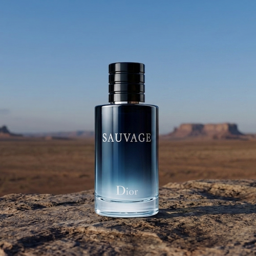 Dior Sauvage Eau de Toilette bottle standing on a rock in a desert landscape with butte formations under a blue sky.