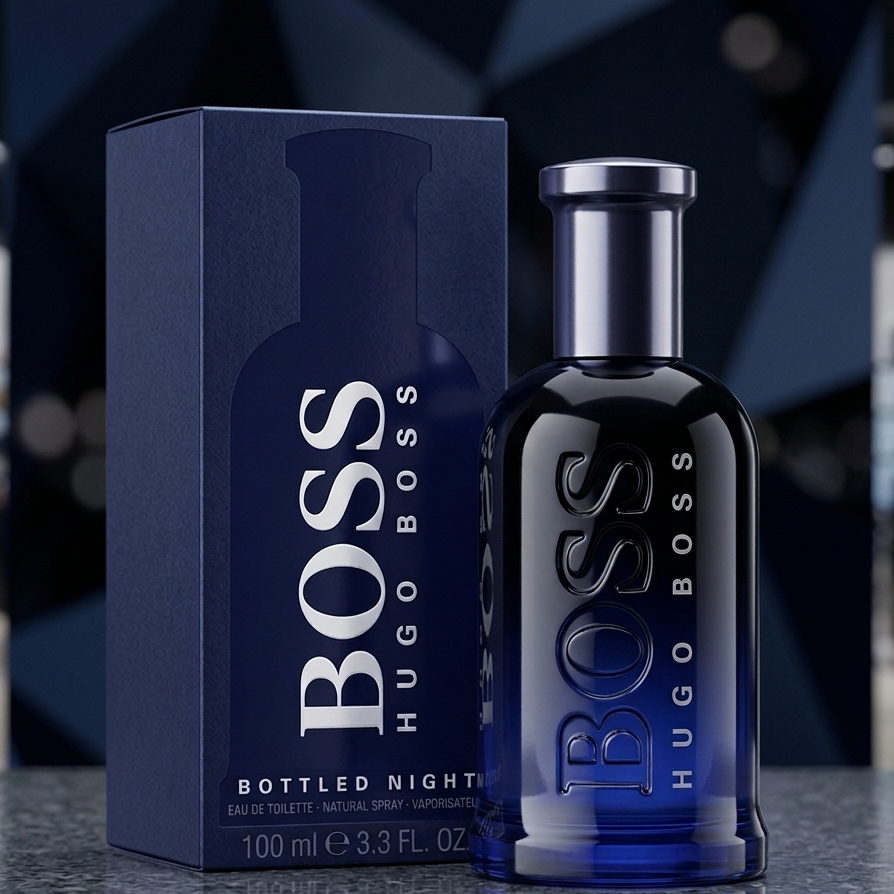Hugo Boss Bottled Night Eau de Toilette bottle in deep blue glass next to its dark blue packaging box, set on a dark gray stone surface with a dark blue geometric background.