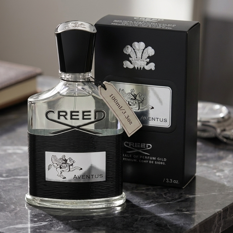 A bottle of Creed Aventus Eau de Parfum with its black retail box, displayed on a dark marble surface next to a notebook and a silver watch.