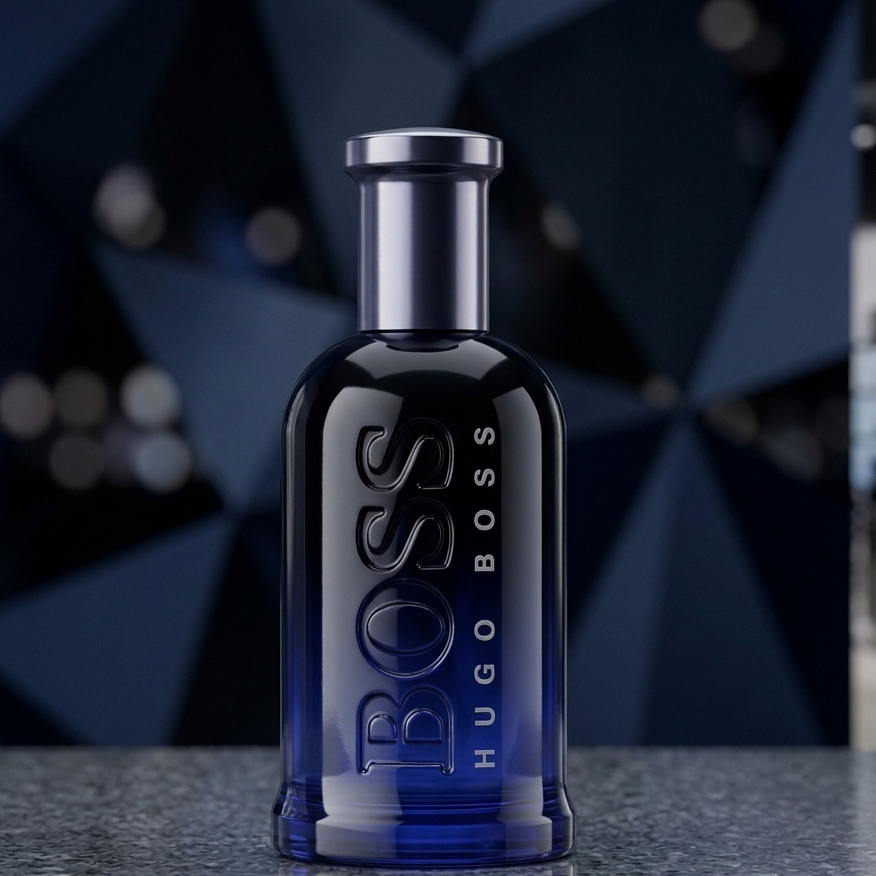 A bottle of Hugo Boss Boss fragrance in a dark blue glass bottle with a metallic silver cap, standing on a dark countertop against a dark blue geometric background.