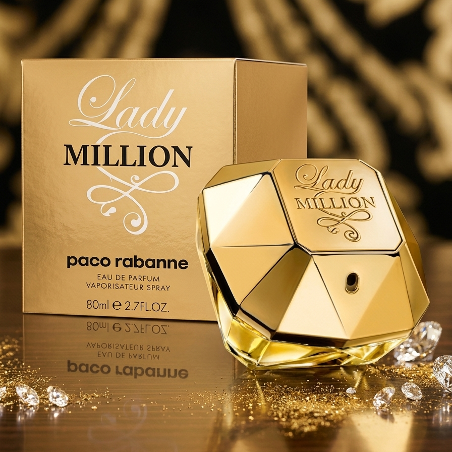 Paco Rabanne Lady Million Eau de Parfum bottle and its gold box, styled on a reflective gold surface with scattered crystal-like accents against a dark patterned background.